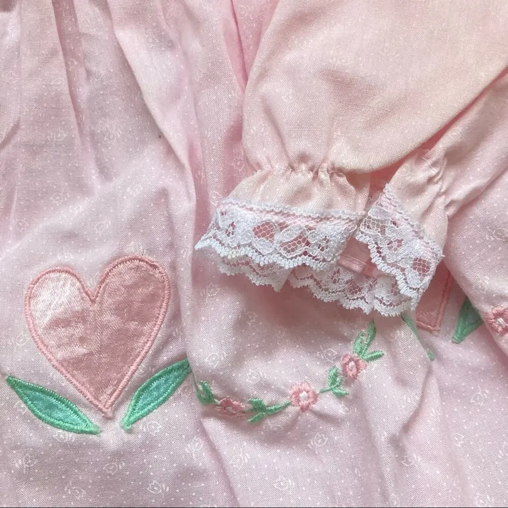 Vintage 1989 Girls 18 Months Pink Long Sleeve Dress With Lace Collar and Cuff